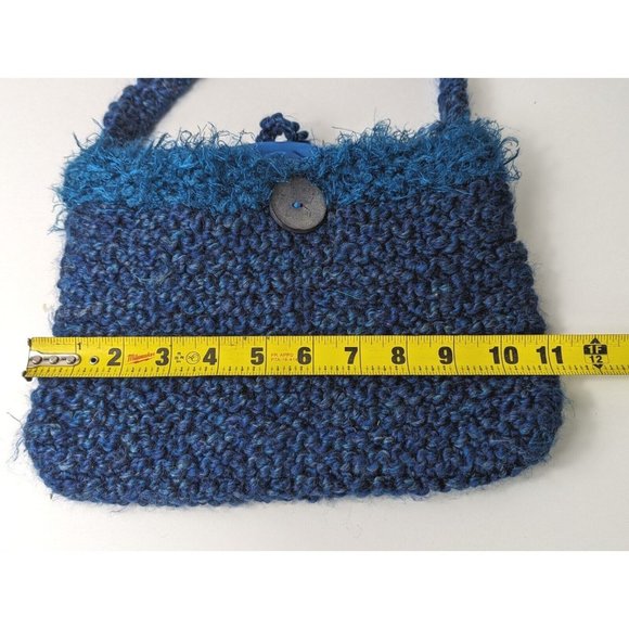 Vintage  Crochet Knitted‎  Blue Shoulder Bag Handmade Button One Strap - Picture 6 of 7